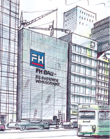 Bild von einer Baustelle mit FH Bauunternehmen Banner